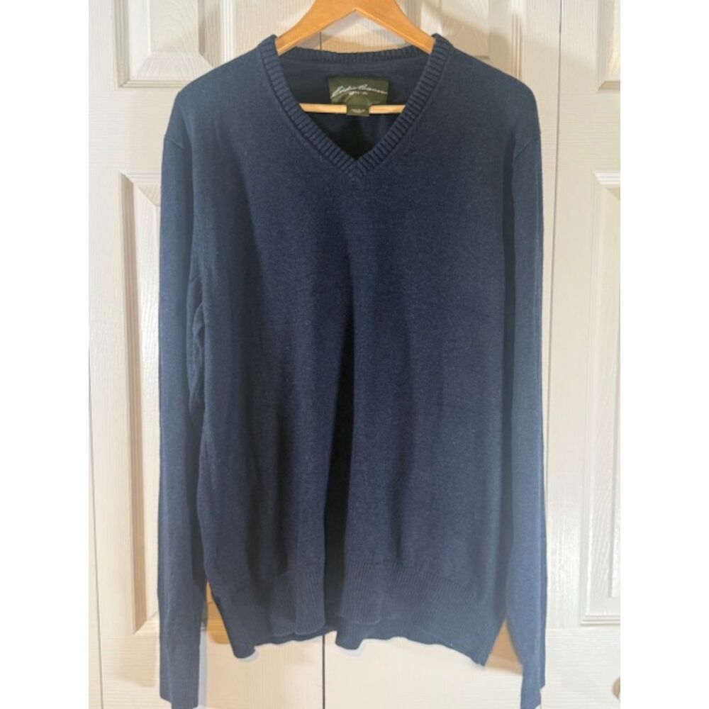Eddie Bauer‎ Mens TXL Cotton Cashmere V-Neck Sweater Navy Blue Tall XL